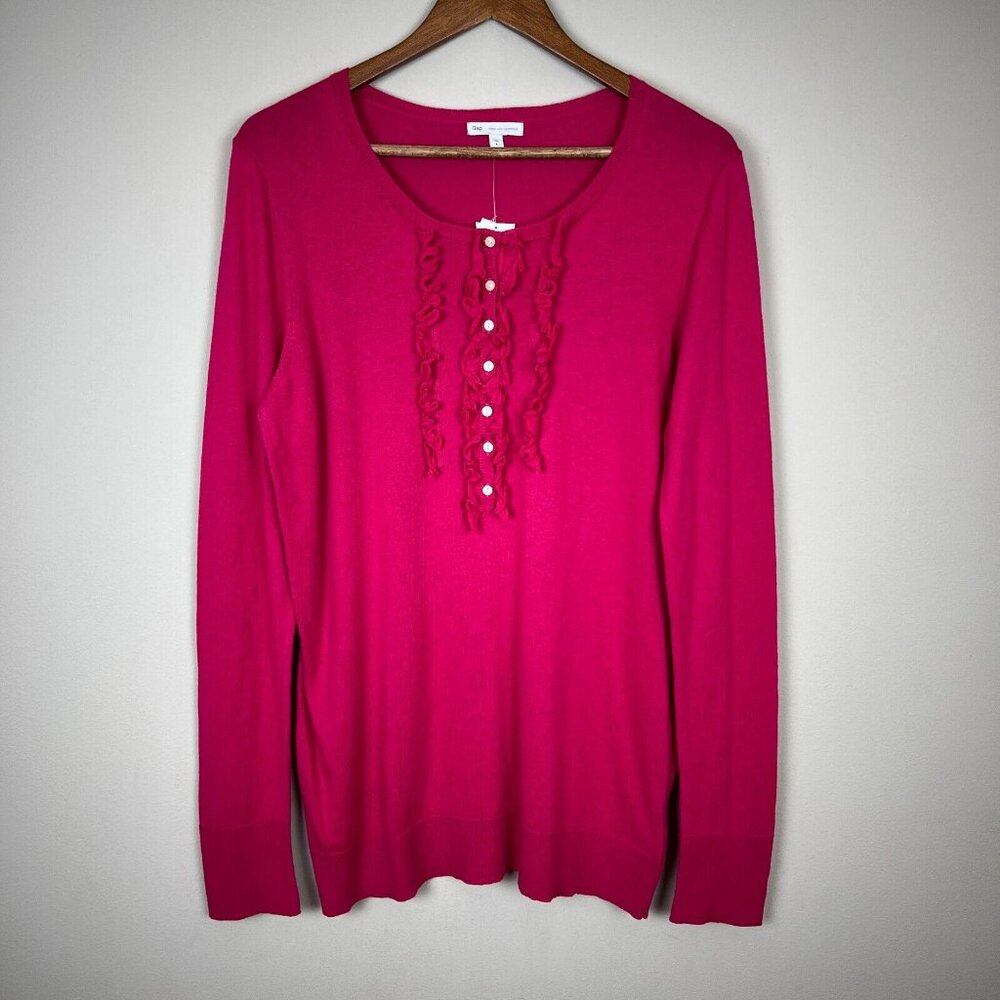 Gap Sweater Top Womens Large Pink Cotton Cashmere Long‎ Sleeve Henley Ruffle New